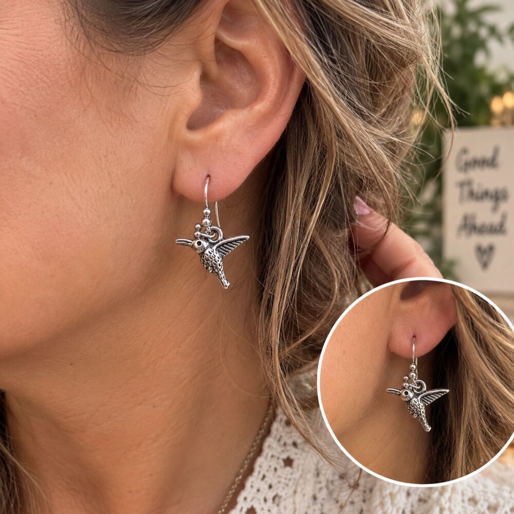 Silver Hummingbird Earrings, Mini Bird Dangle Earrings, Cottagecore Jewelry